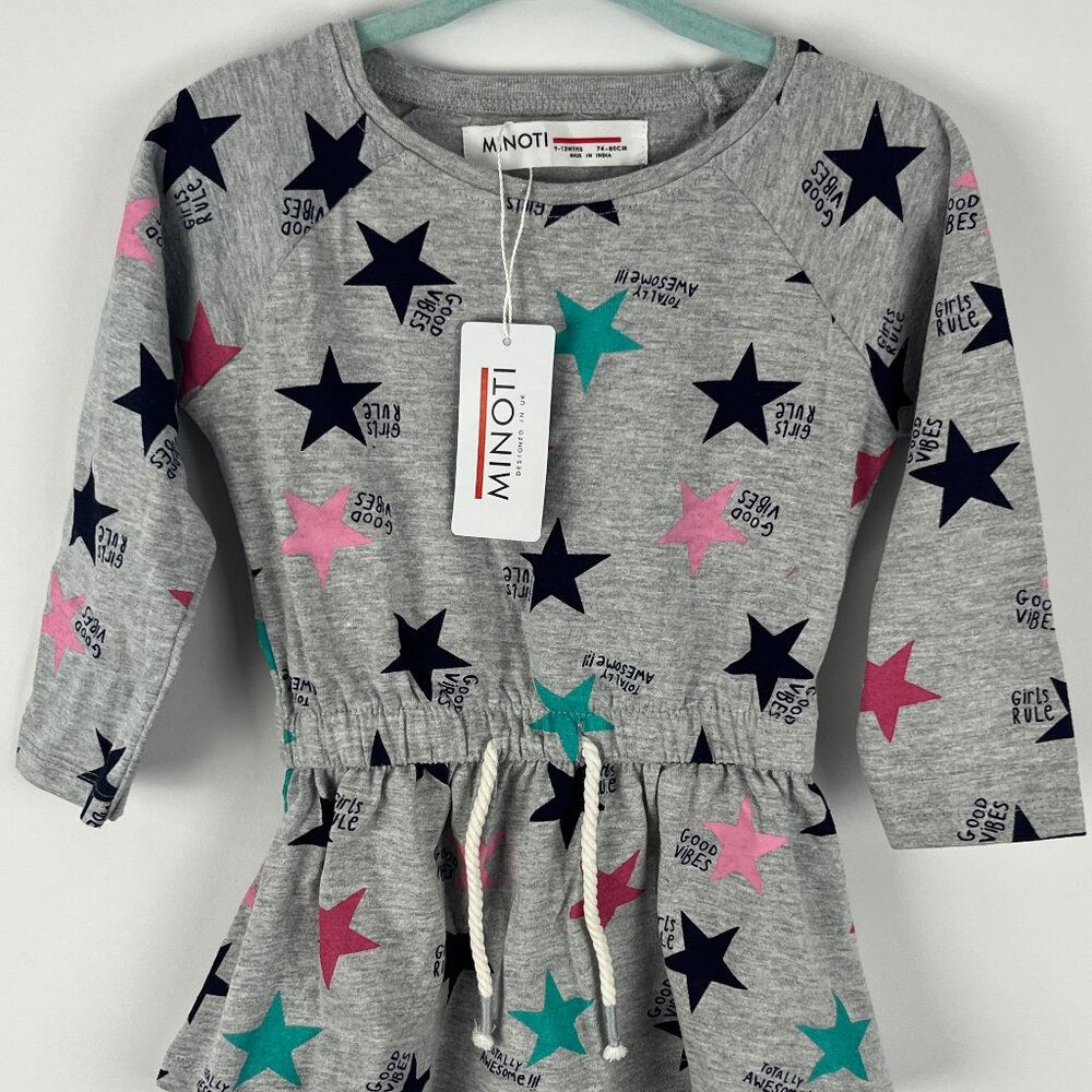 Minoti Baby Toddler Dress Size 9-12M Gray Long Sleeve Raglan 100% Cotton